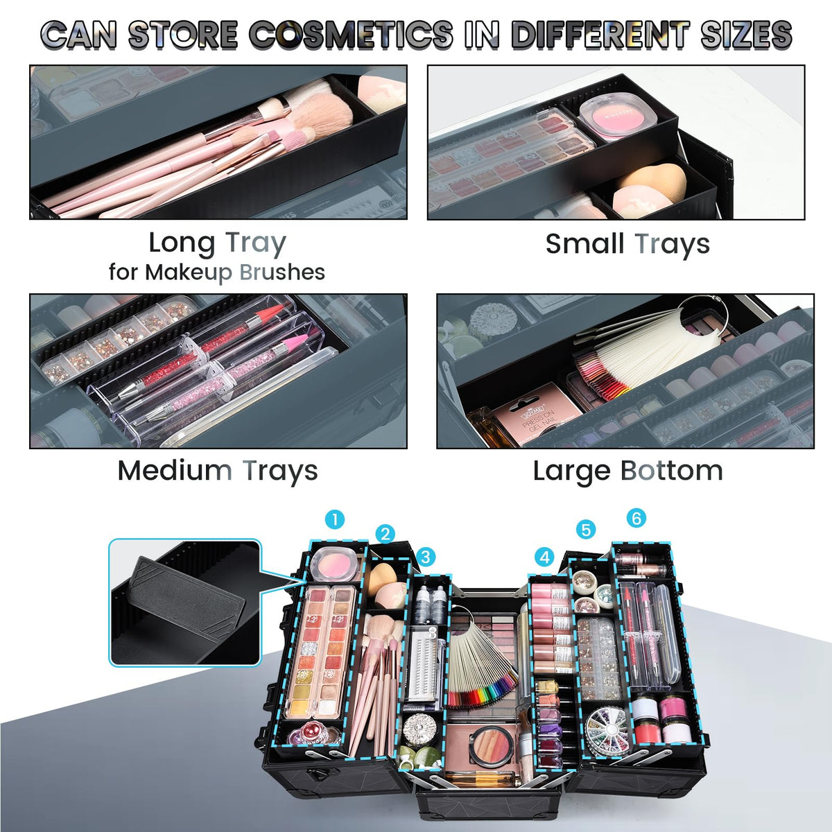 FRENESSA case shows six trays and dividers for organized cosmetics and tools