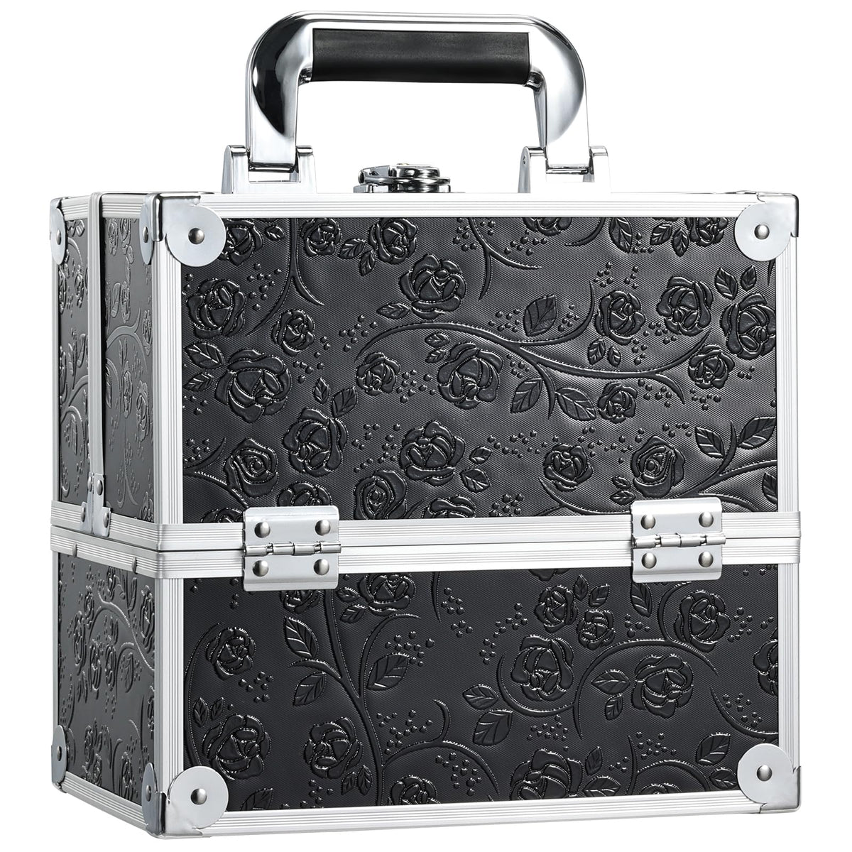 Frenessa makeup train case with black floral front view for organized travel cosmetics.