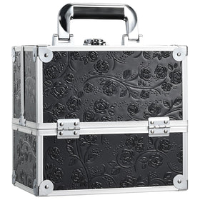Frenessa makeup train case with black floral front view for organized travel cosmetics.