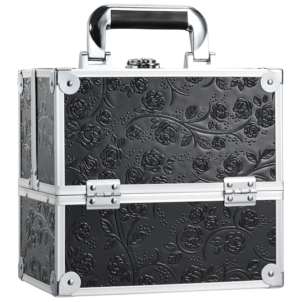 Frenessa makeup train case with black floral front view for organized travel cosmetics.