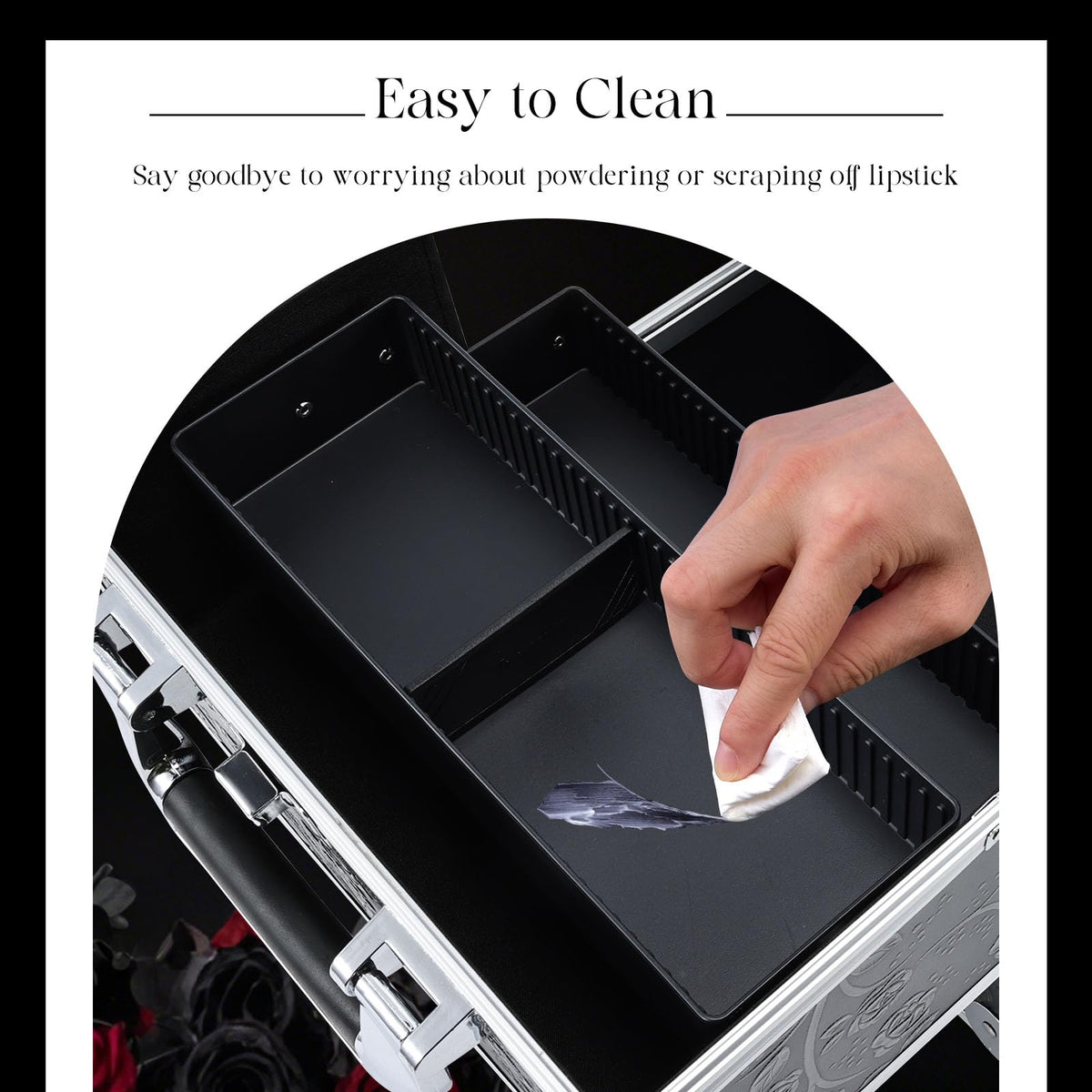 Frenessa bottom compartment stores larger items like brushes and palettes.