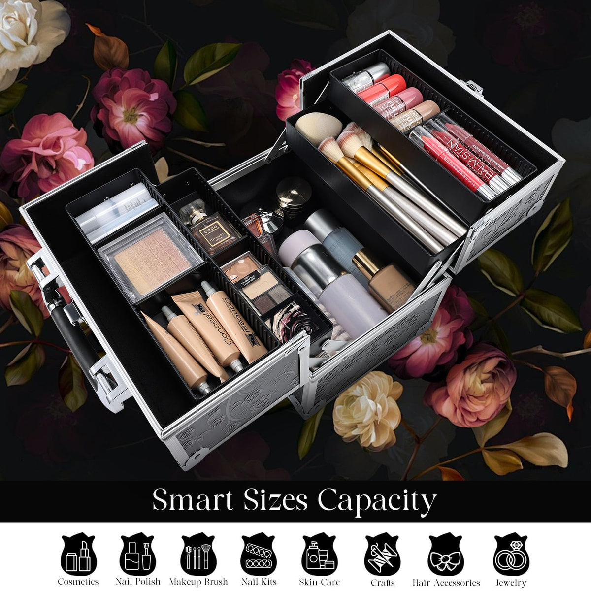 Frenessa black floral makeup case makes a stylish, practical gift for her.