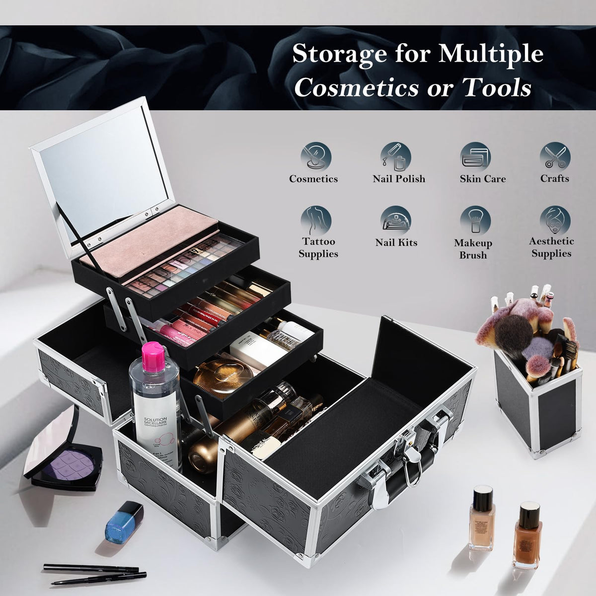 FRENESSA makeup train case open trays view revealing extended storage