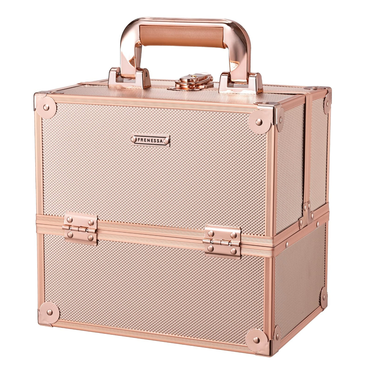 FRENESSA rose gold makeup train case front view showing sturdy travel storage