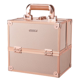 FRENESSA rose gold makeup train case front view showing sturdy travel storage