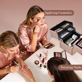 Open FRENESSA case with 4-tier trays for organized cosmetics on the go