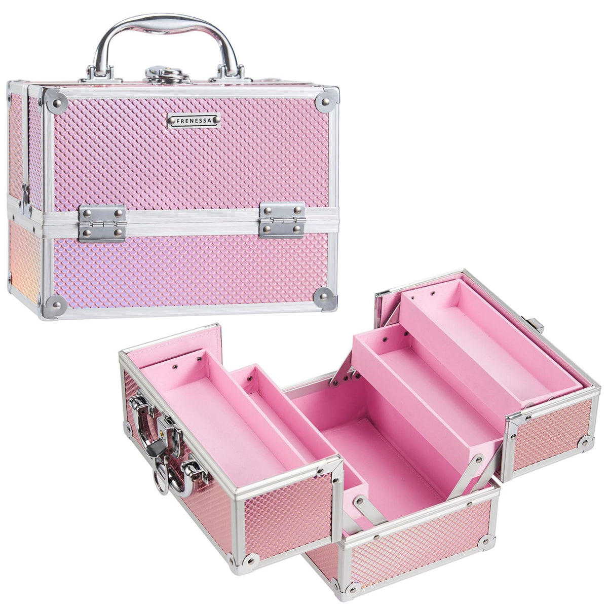 FRENESSA Mermaid Pink makeup train case front view for portable cosmetics storage on the go