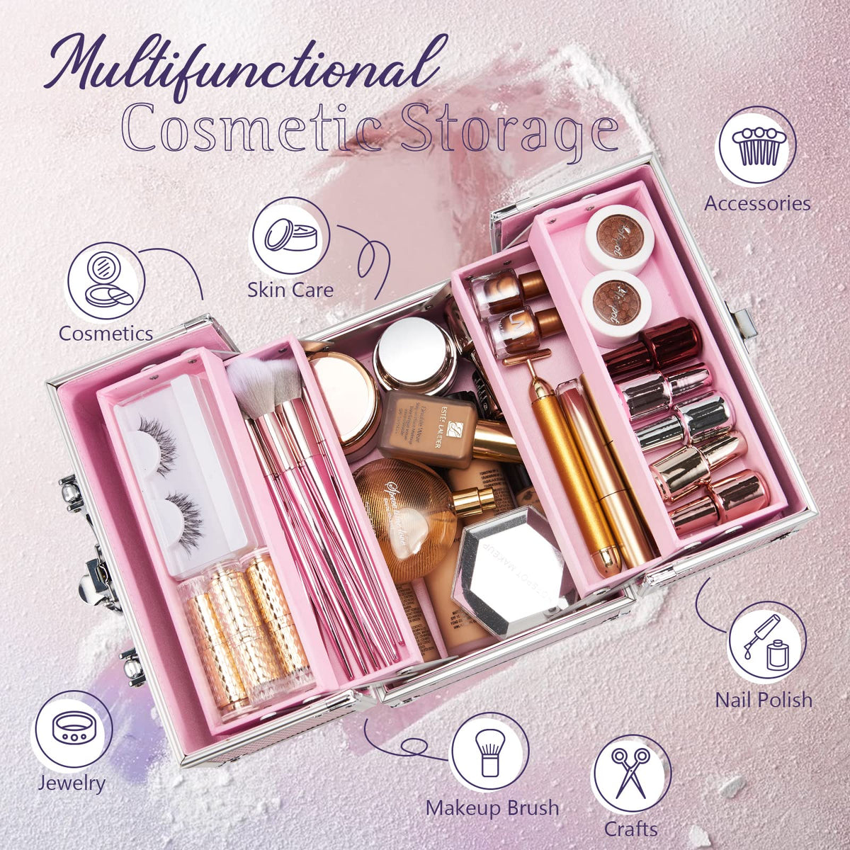 FRENESSA Mermaid Pink makeup train case open tray for easy brush and palette organization