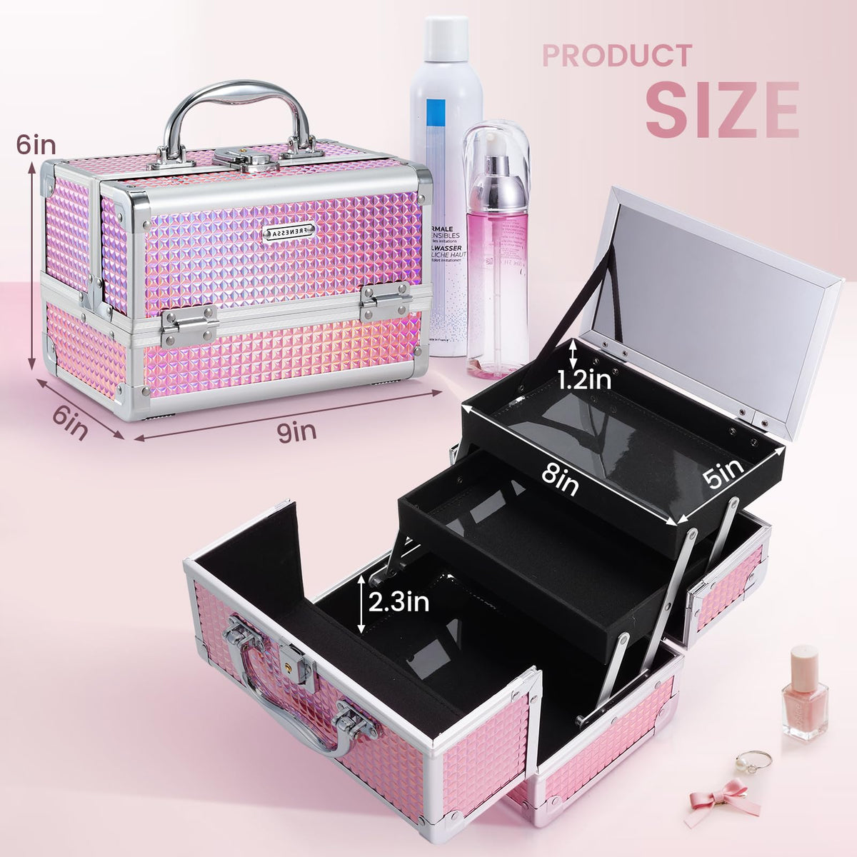 FRENESSA portable makeup case with non-slip handle, easy to carry anywhere