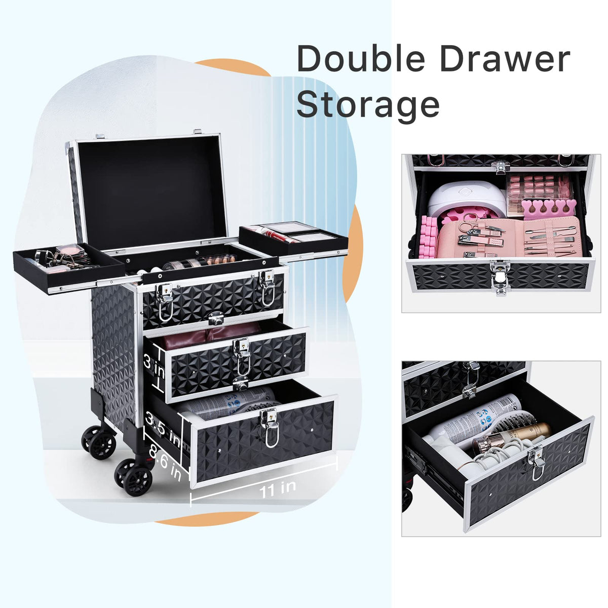 FRENESSA rolling case interior with drawers for brushes and tools.