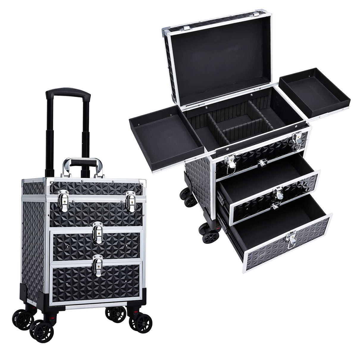 FRENESSA professional rolling makeup case, front view in black, ideal for on-the-go artists.