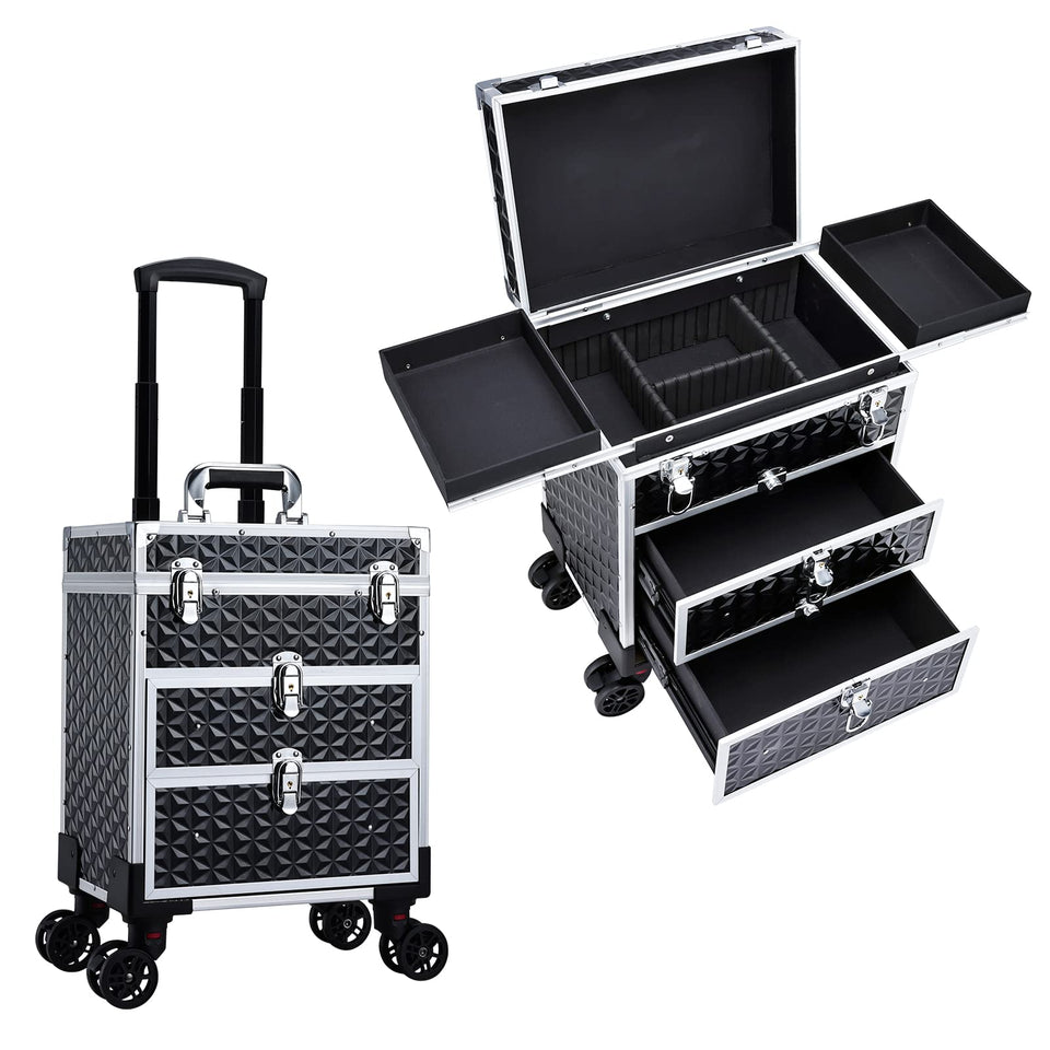 FRENESSA professional rolling makeup case, front view in black, ideal for on-the-go artists.