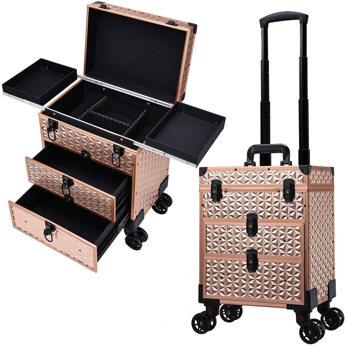 FRENESSA professional rolling makeup case front view, portable organizer for on-the-go artists.