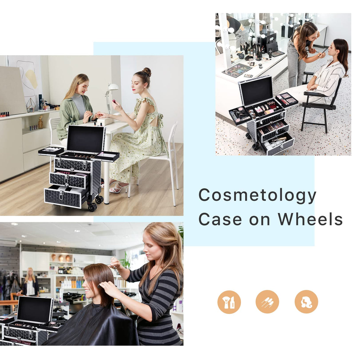 FRENESSA rolling makeup case, side view in black, sturdy aluminum frame for durable travel.