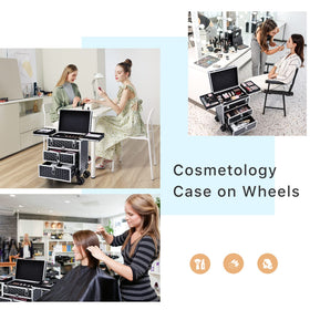 FRENESSA rolling makeup case, side view in black, sturdy aluminum frame for durable travel.