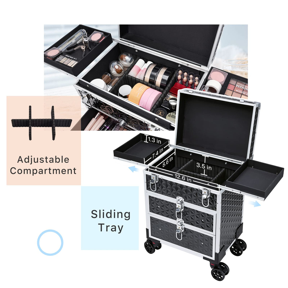 FRENESSA rolling case open with top trays for palettes and polish.