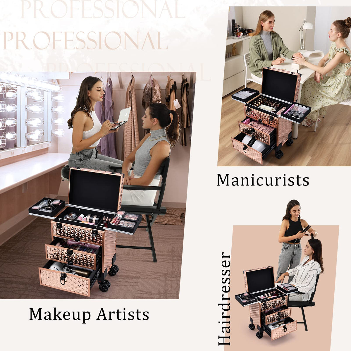 FRENESSA top sliding trays inside the rolling case ideal for palettes and powders.