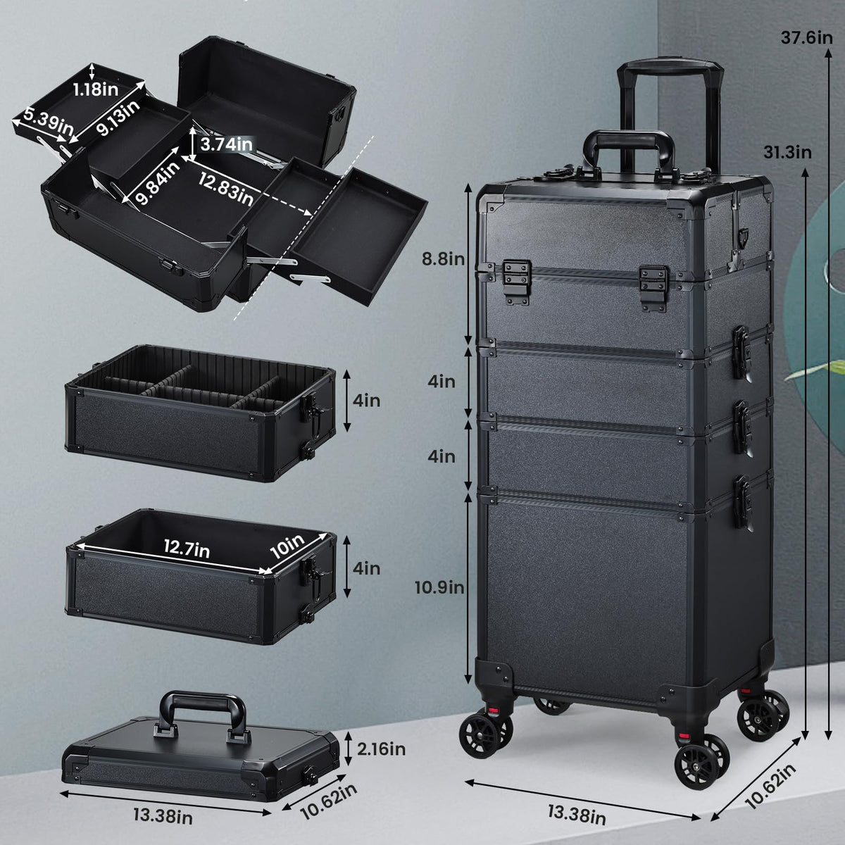 Frenessa rolling makeup case 360-degree wheels glide smoothly during travel.