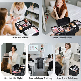 Frenessa rolling makeup case bottom space accommodates larger items and tools.