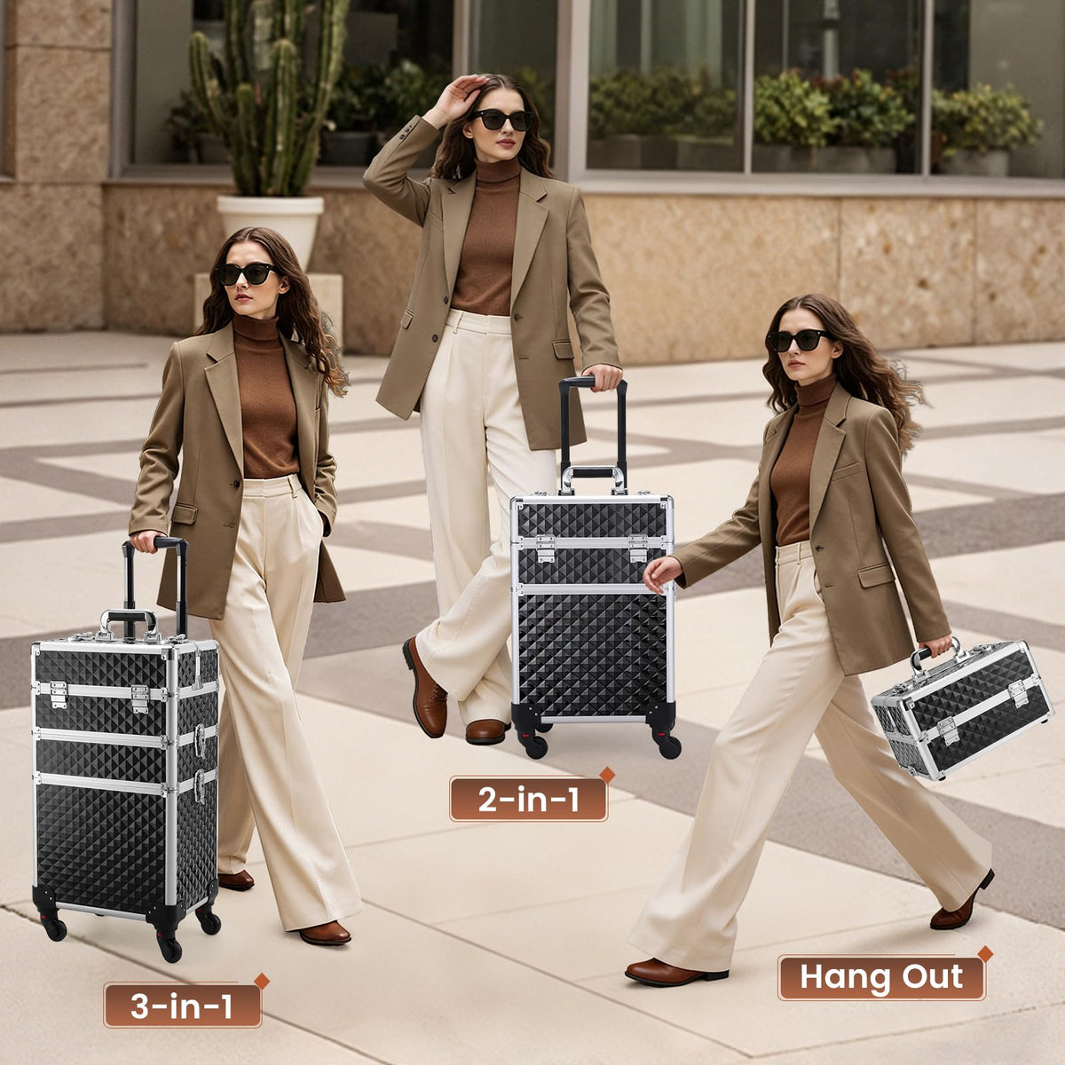 FRENESSA rolling makeup case detachable wheels enabling easy on-location transport.