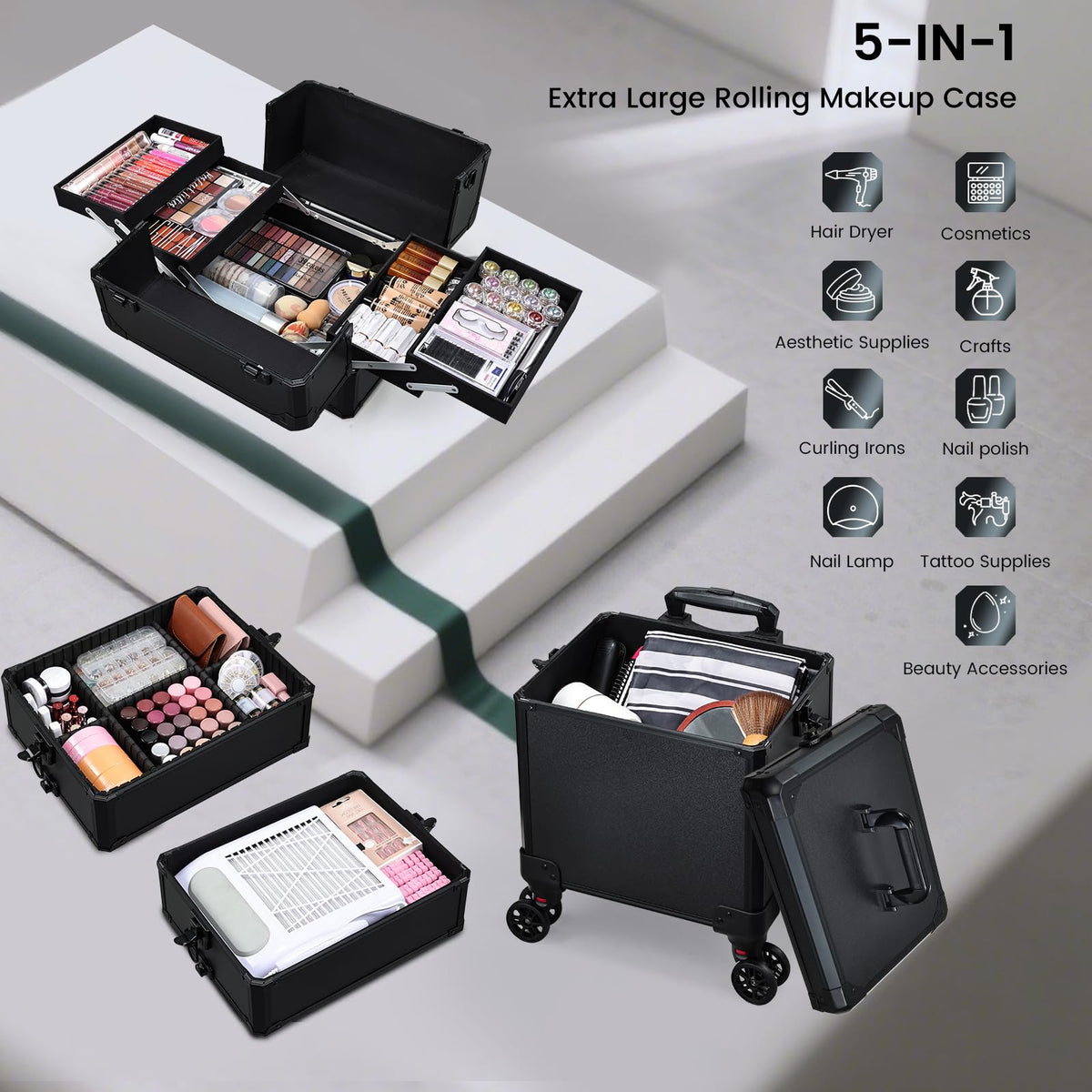 Frenessa rolling makeup case durable build protects cosmetics during travel.