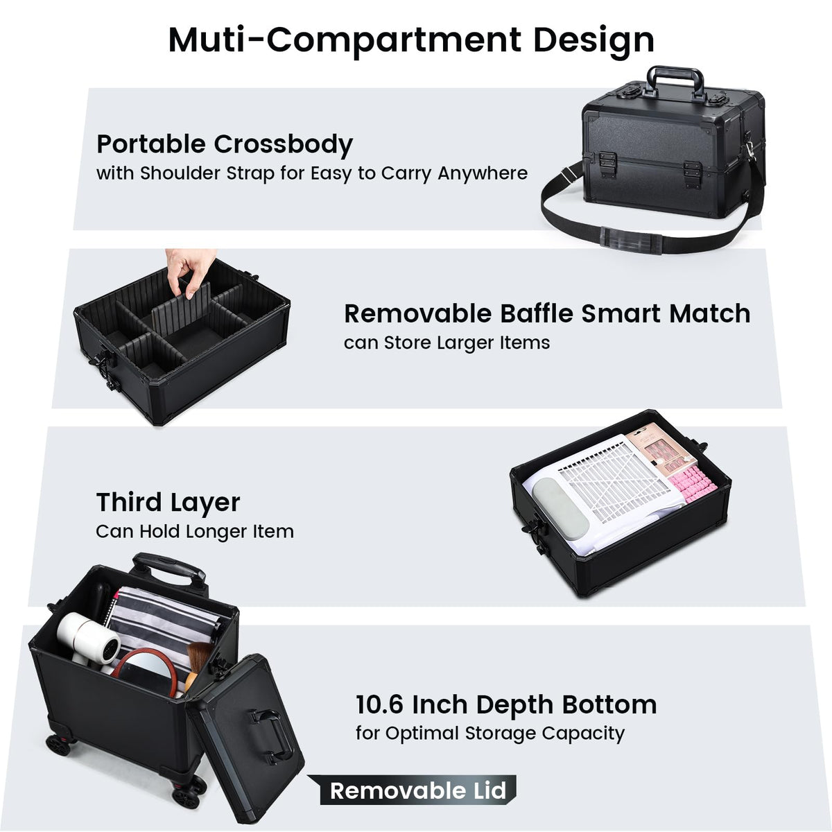 Frenessa rolling makeup case removable trays show flexible organization options.