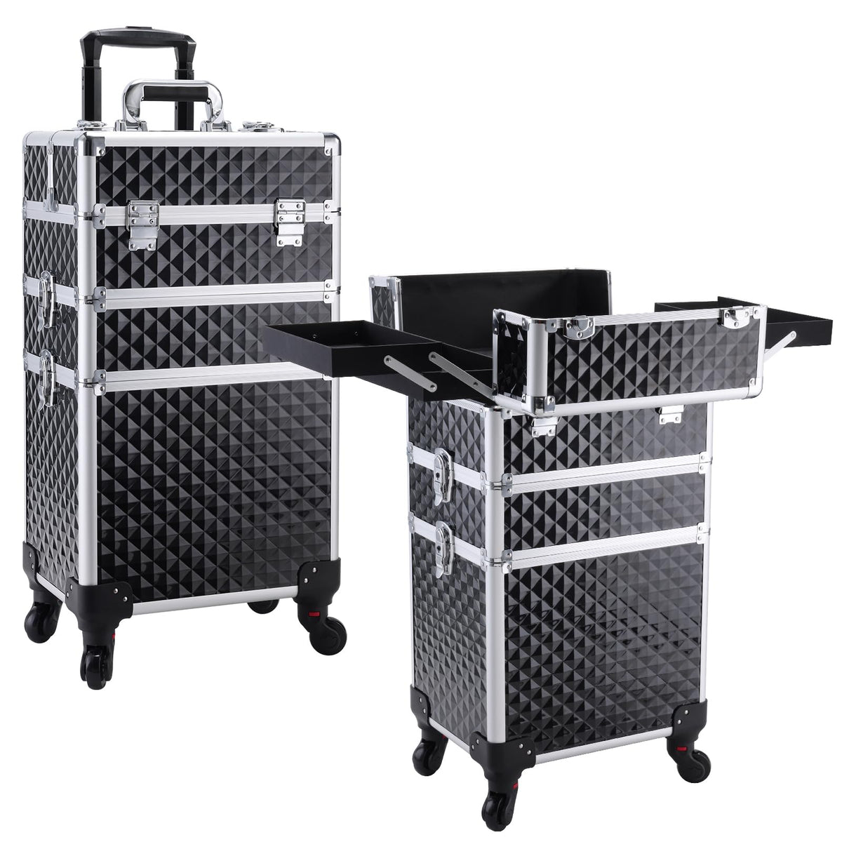 FRENESSA rolling makeup case side view highlighting portable storage for pros.