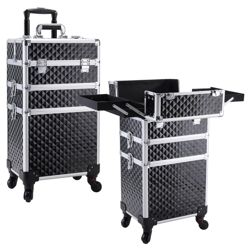 FRENESSA rolling makeup case side view highlighting portable storage for pros.