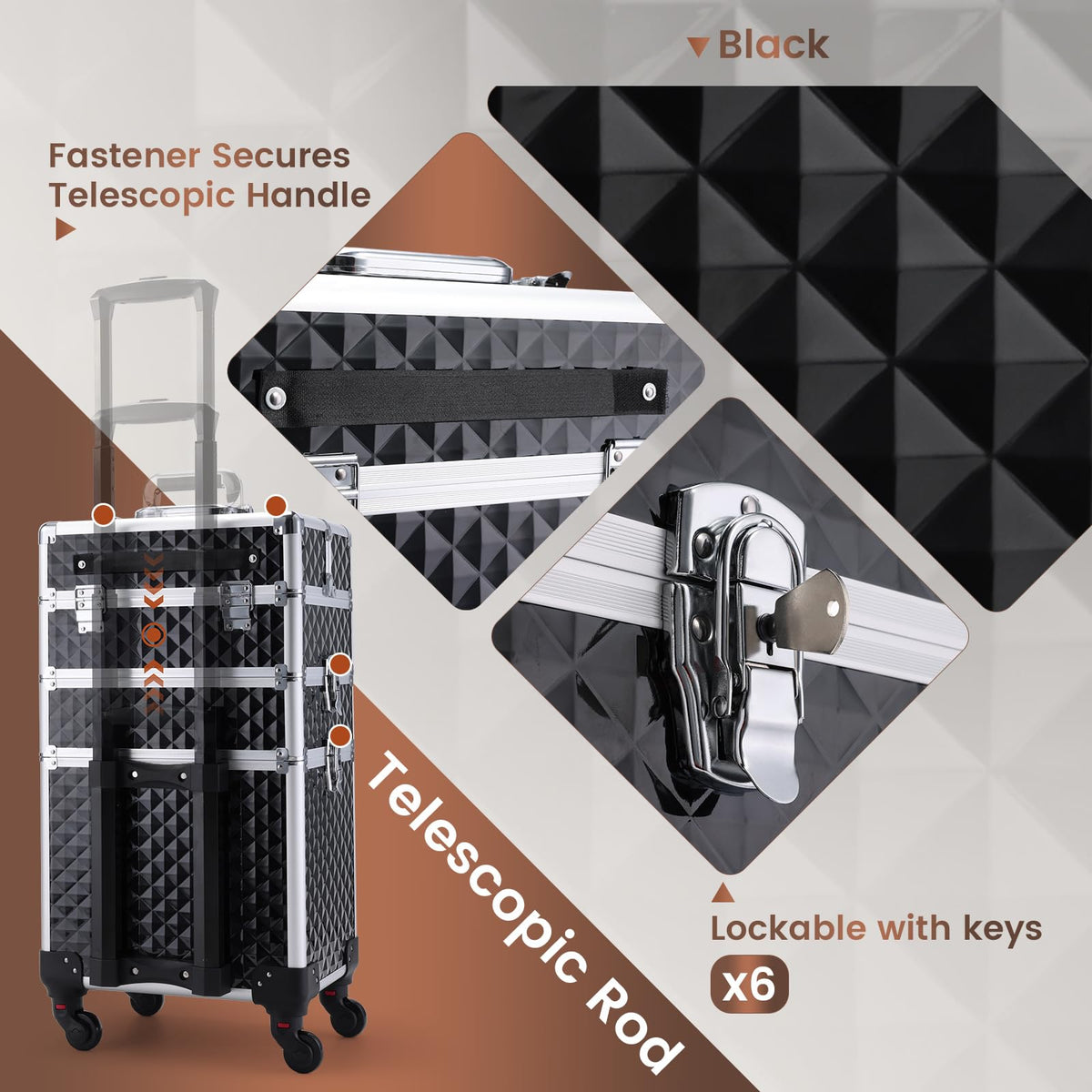 FRENESSA rolling makeup case spacious middle tray for larger tools.