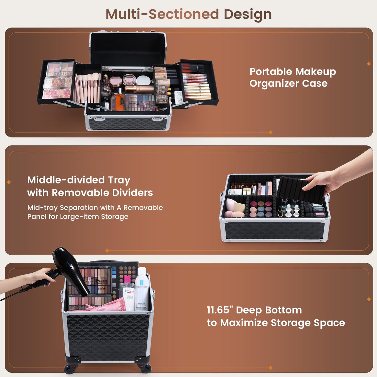 FRENESSA rolling makeup case top compartment in use for quick travel-ready cosmetics.