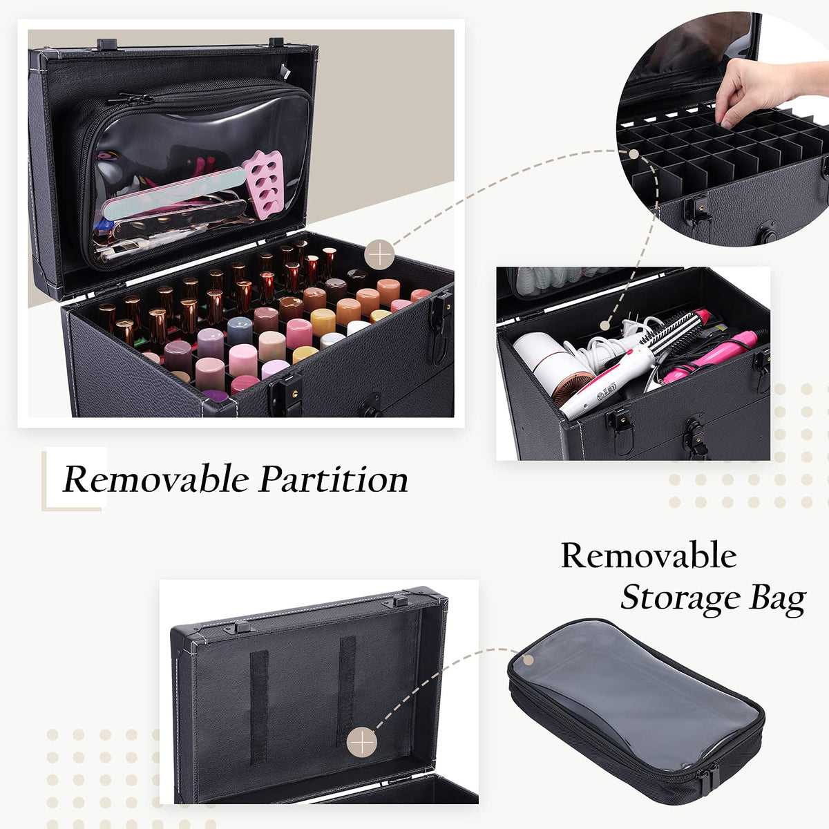 Frenessa rolling nail case drawer interior with adjustable compartments.