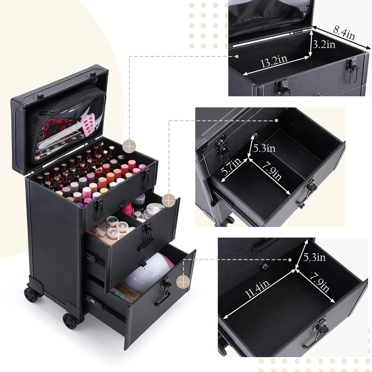 Frenessa rolling nail case polish slots for easy bottle storage.
