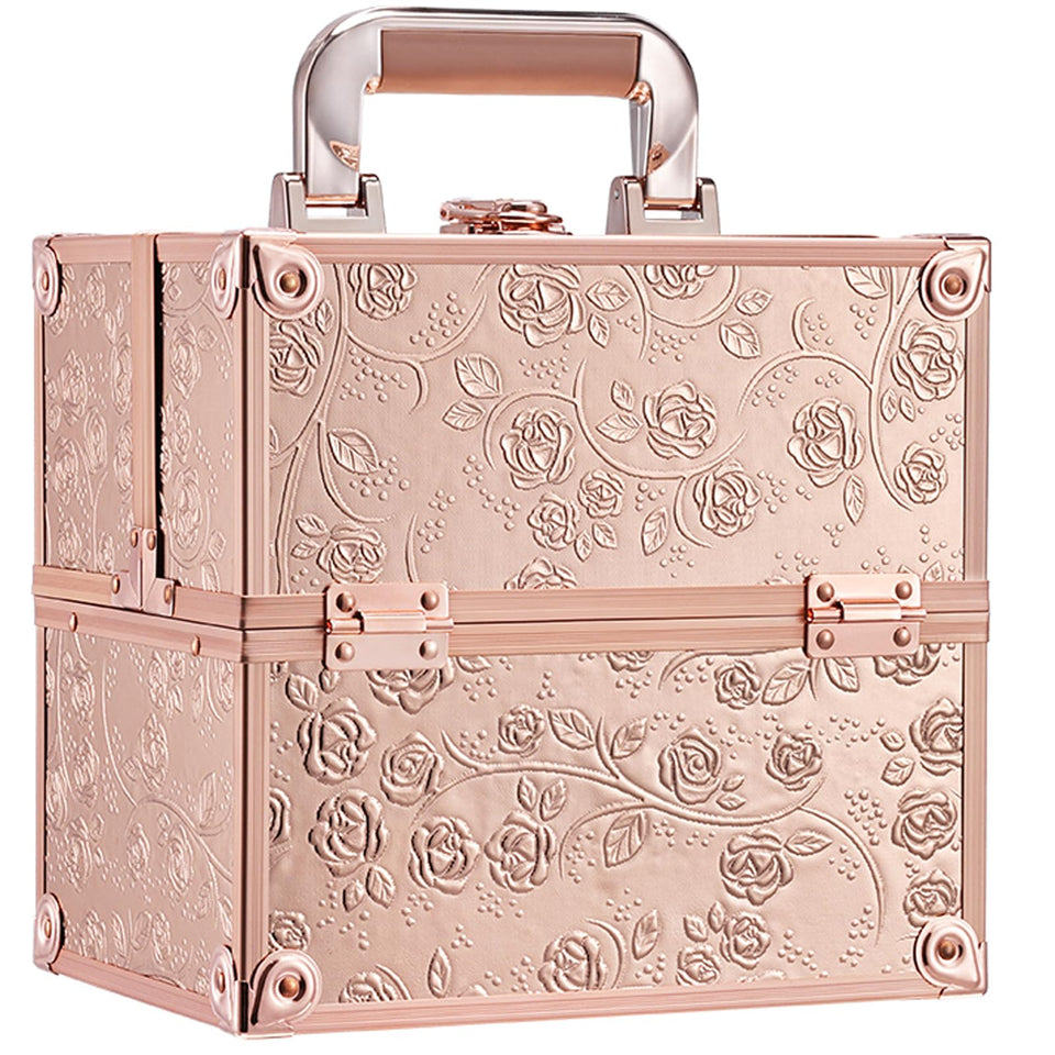 FRENESSA rose-gold floral makeup case, on-the-go organization.