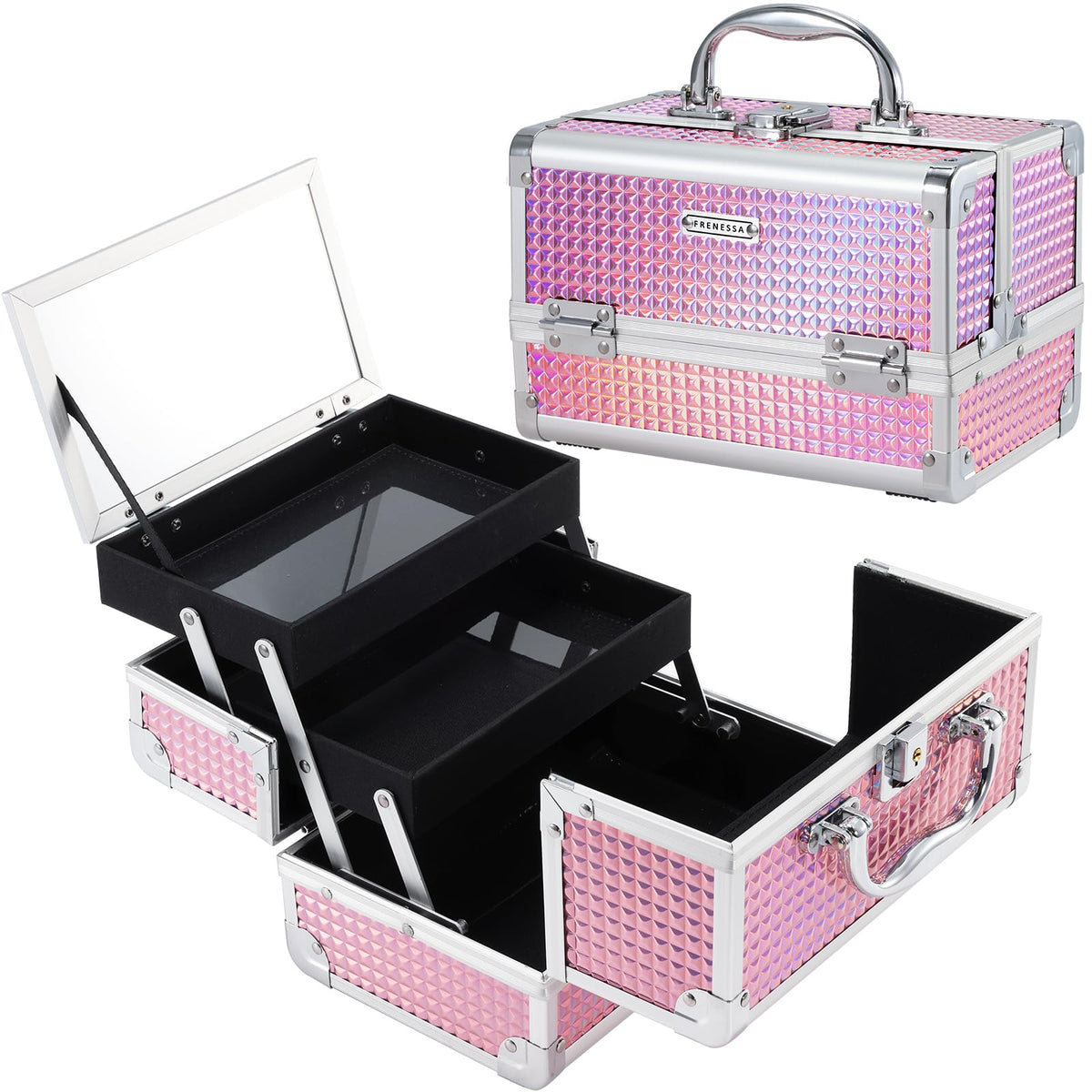 FRENESSA shiny pink makeup train case front view, portable and stylish for travel