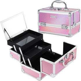 FRENESSA shiny pink makeup train case front view, portable and stylish for travel