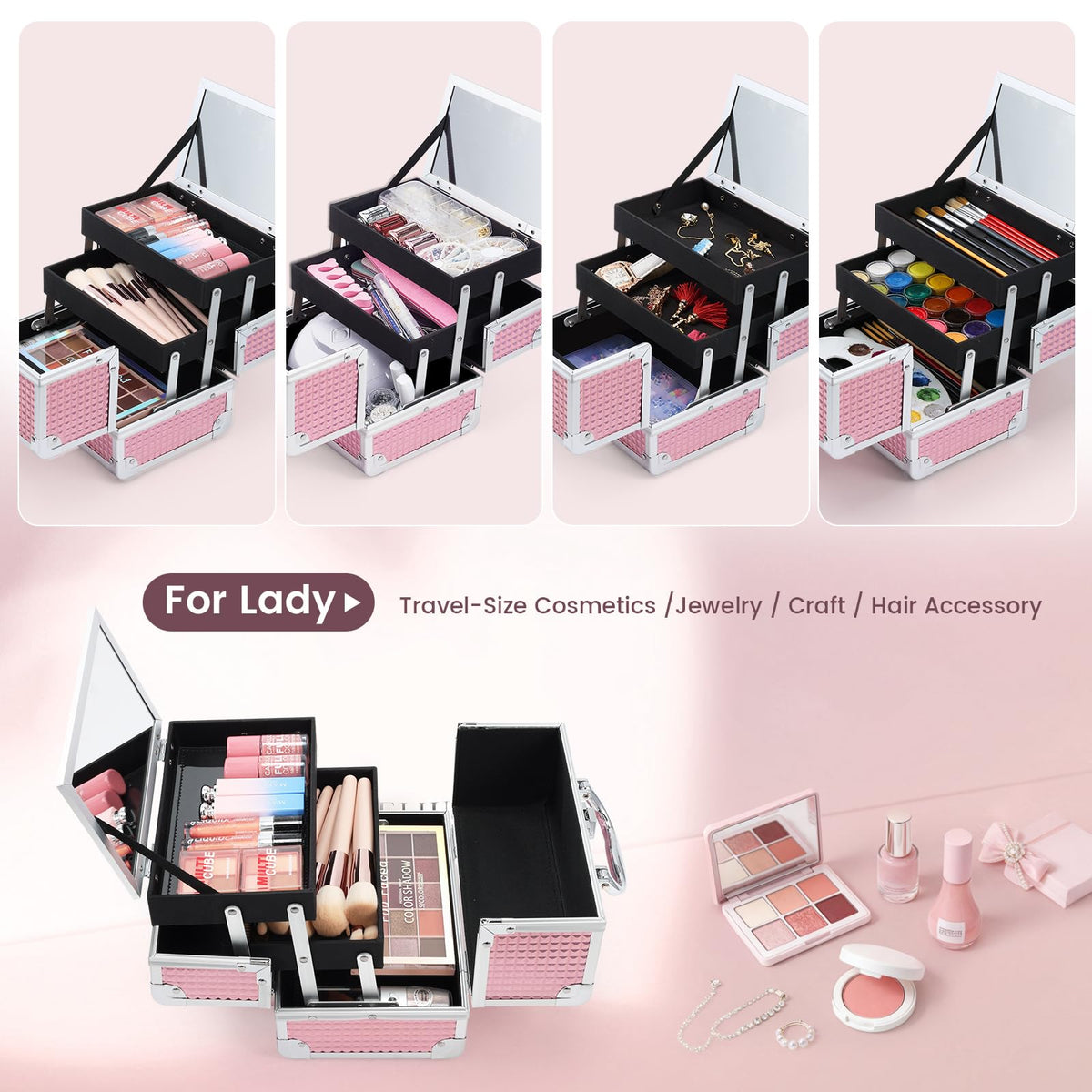 FRENESSA shiny pink makeup train case open tray, quick access to brushes and lipsticks