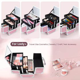 FRENESSA shiny pink makeup train case open tray, quick access to brushes and lipsticks