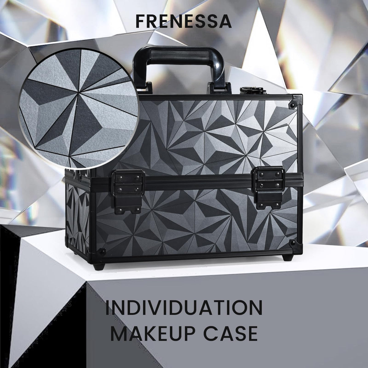 FRENESSA six-tray cantilever storage system keeps cosmetics organized.