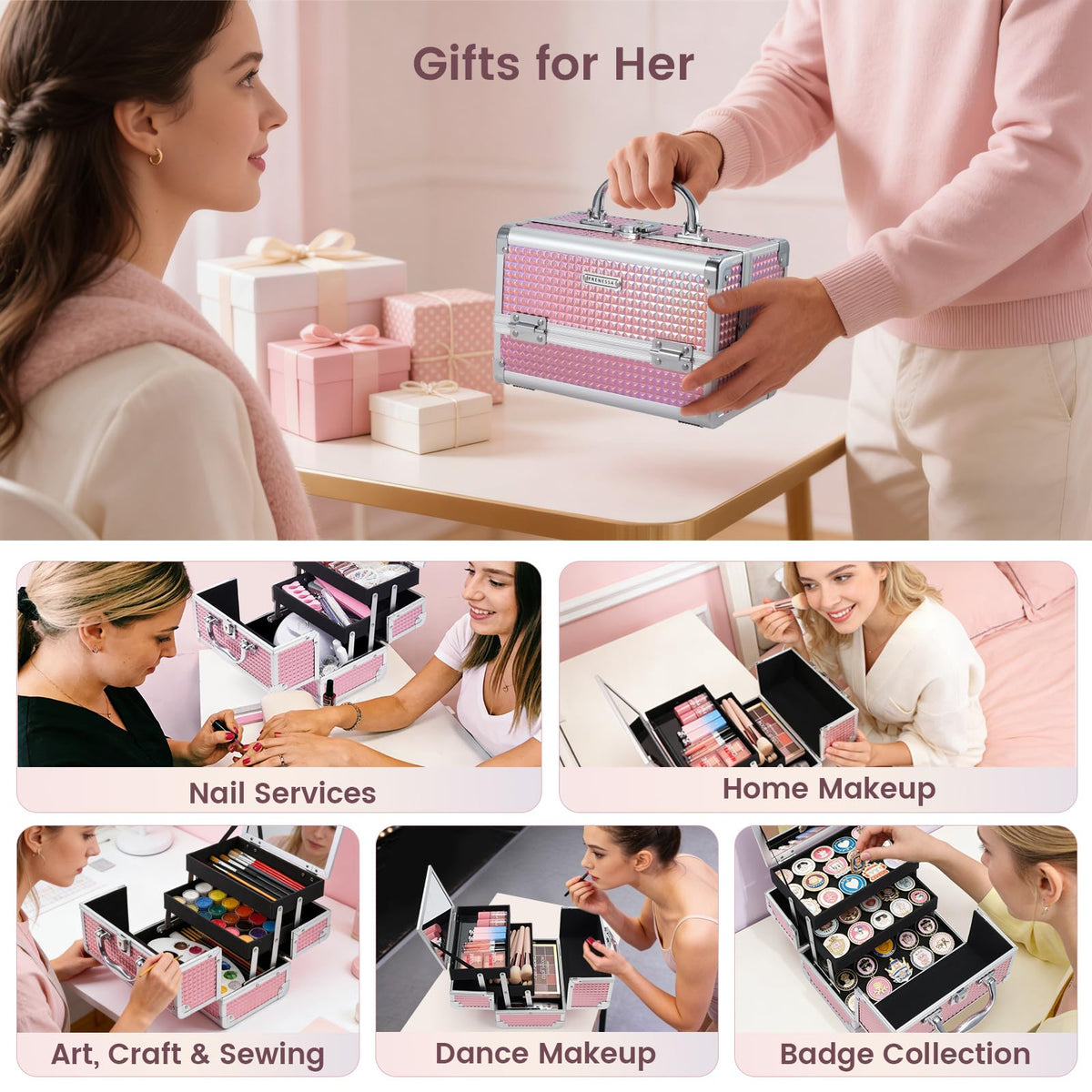 FRENESSA train case with mirror top tray, convenient makeup organization on the go