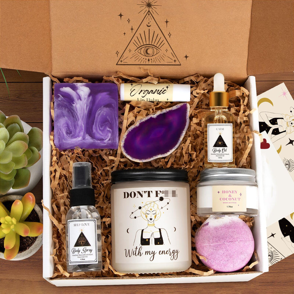 Frerdui care package box open with spa items and energy quote.