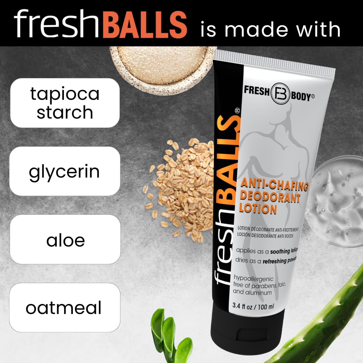 Fresh BALLS quick-drying lotion helps absorb moisture fast.