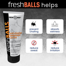 Fresh BALLS talc-free powder finish provides a dry feel.