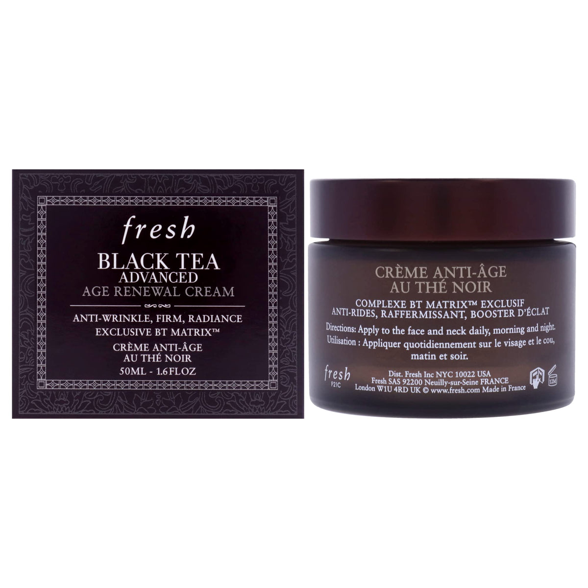 Fresh Black Tea Advanced Age Renewal Cream bottle with whipped texture suggesting quick absorption