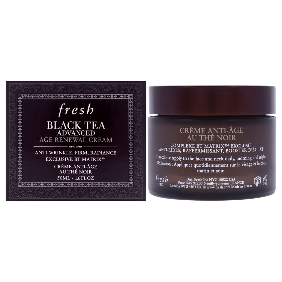 Fresh Black Tea Advanced Age Renewal Cream bottle with whipped texture suggesting quick absorption