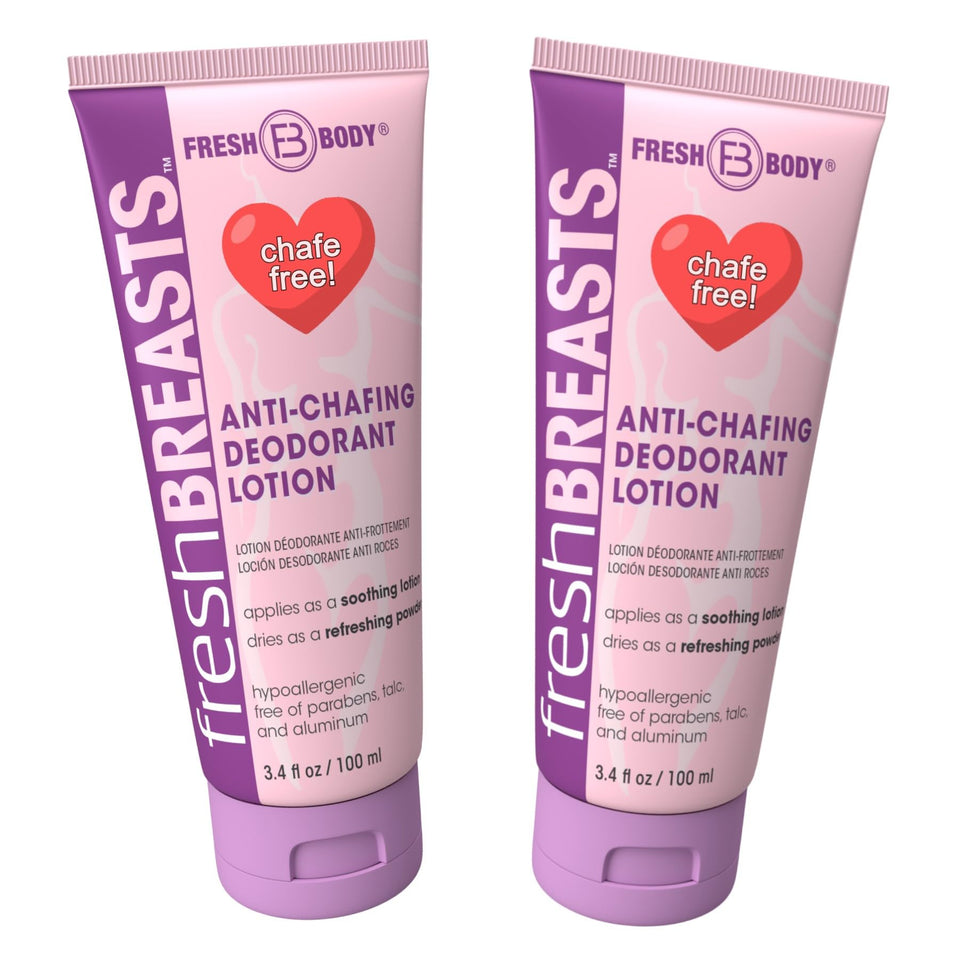 Fresh Breasts 2-pack anti-chafing lotion tubes for travel-friendly care.