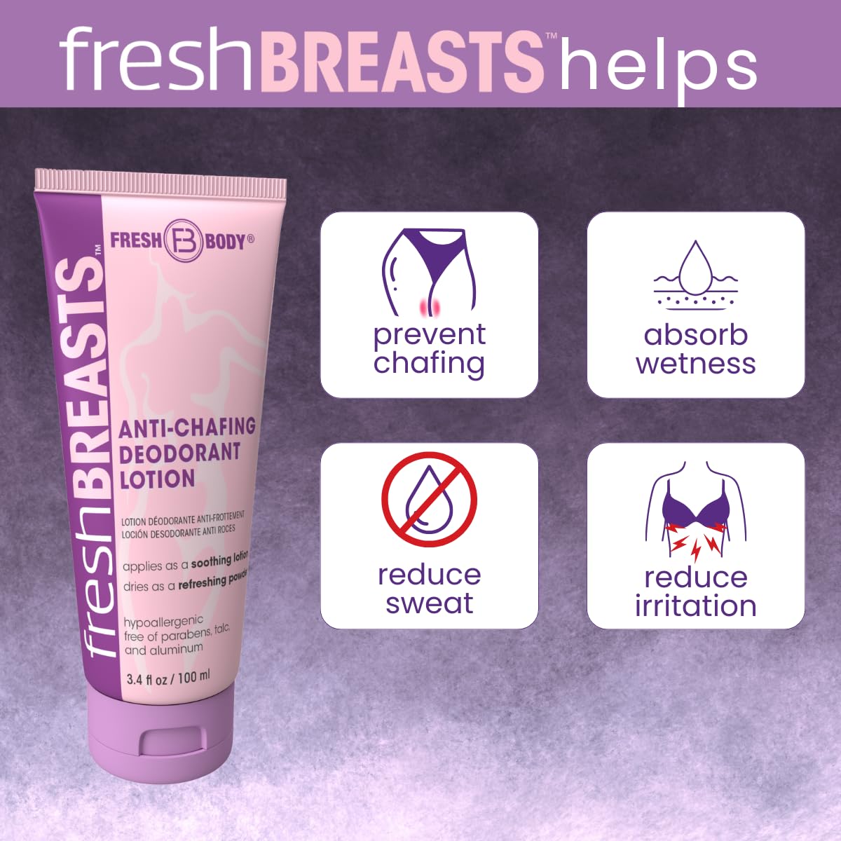 Fresh Breasts applied to underbust area shows chafing relief.