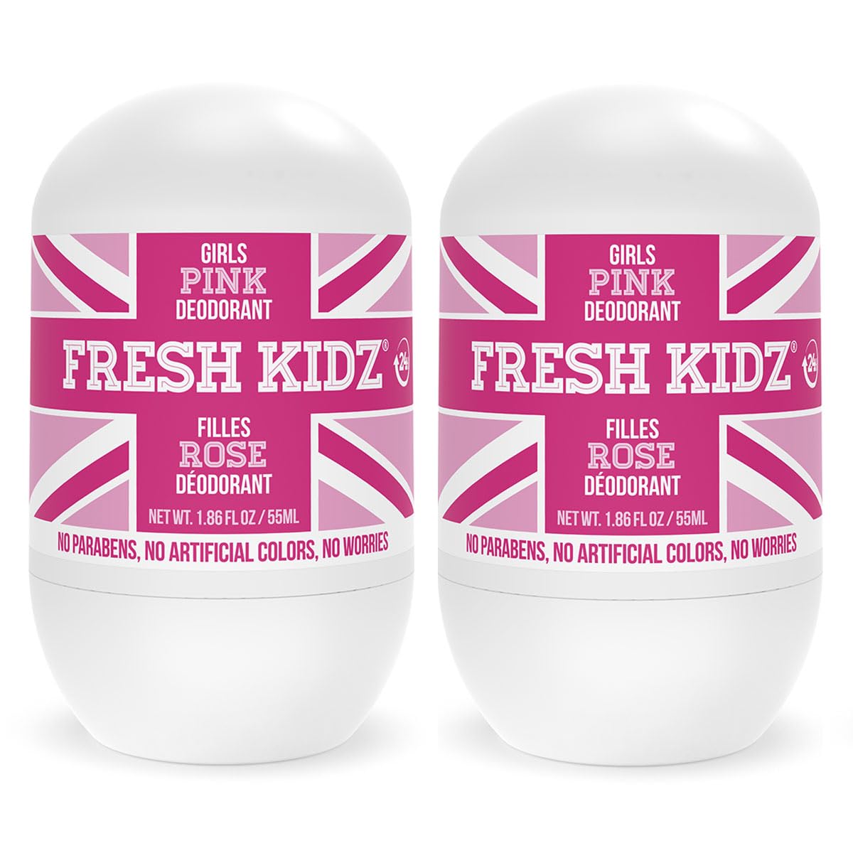 Fresh Kidz pink roll-on bottle front view showing gentle formula for sensitive skin