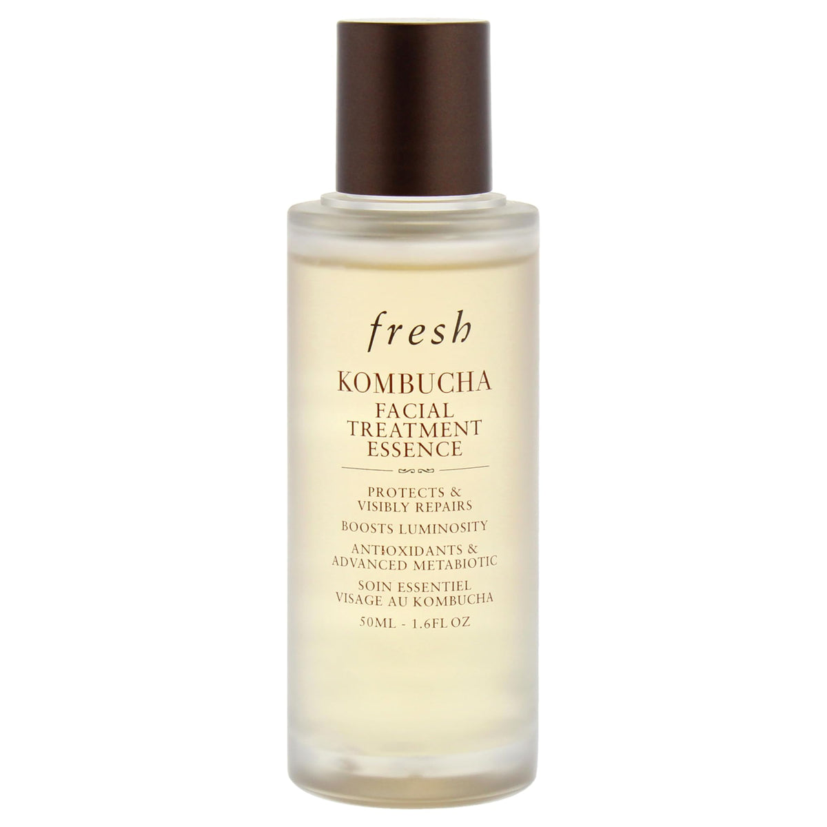 Close up of Fresh Kombucha Facial Treatment Essence dropper releasing hydration