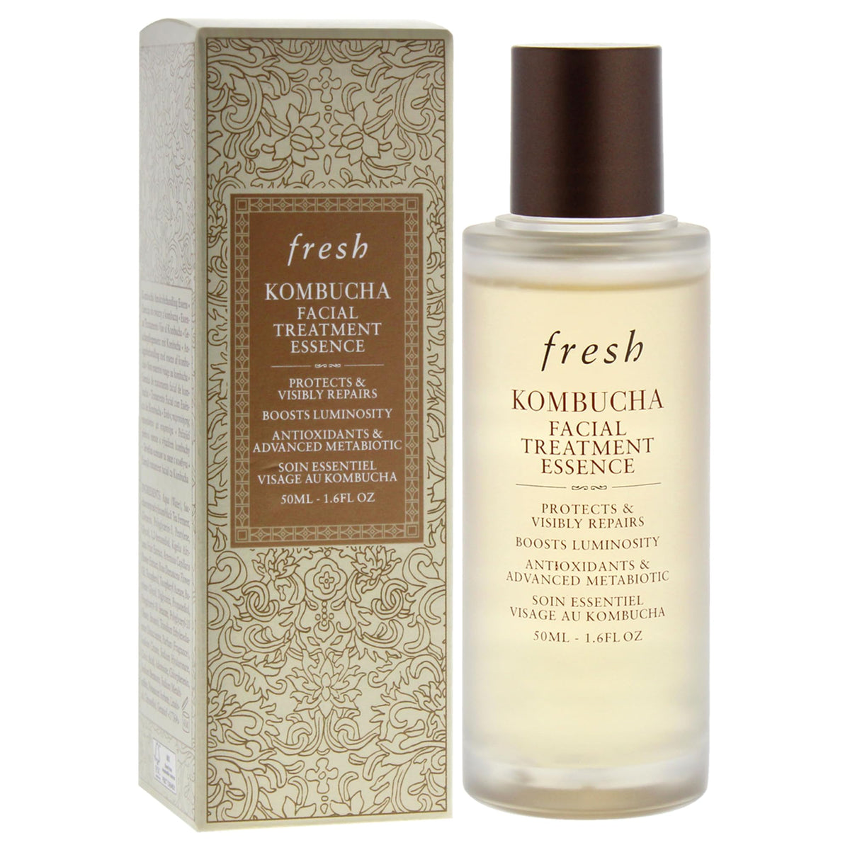 Label detail shows concentrated formula and hyaluronic acid in Fresh Kombucha Essence