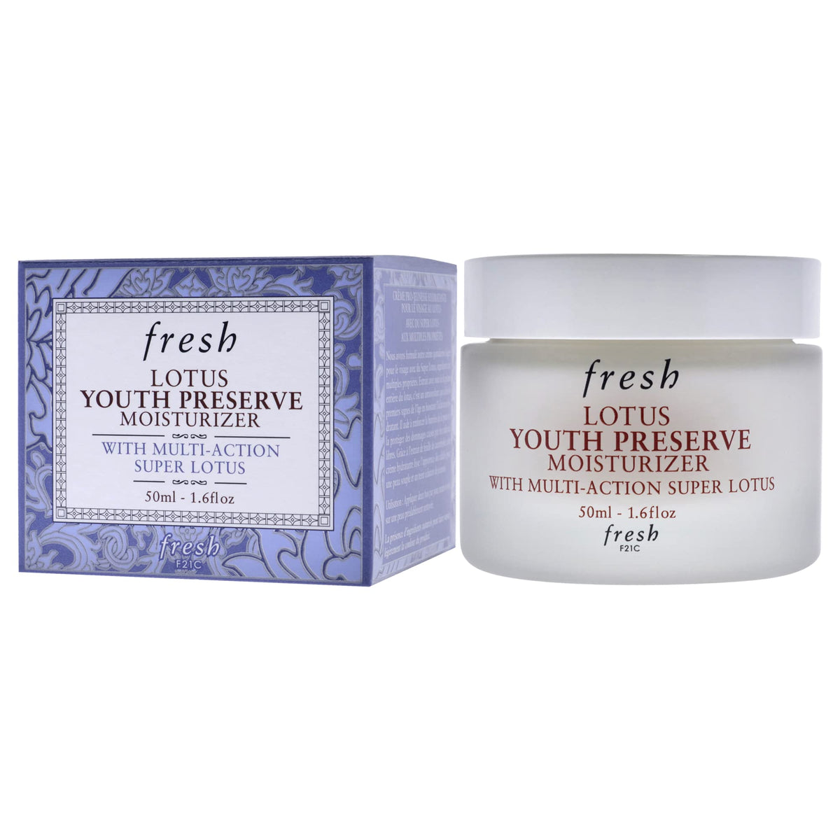 Fresh Lotus Youth Preserve Moisturizer packaging and label emphasizing clean formula.